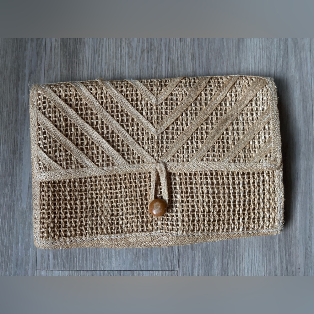 Vintage Woven Jute Clutch with Button Closure